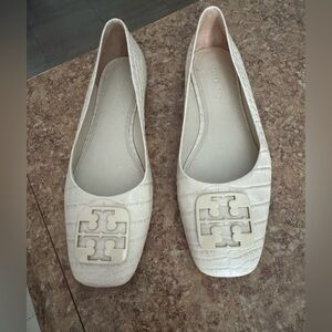 Tory Burch Cream Croc-Embossed Logo Flats